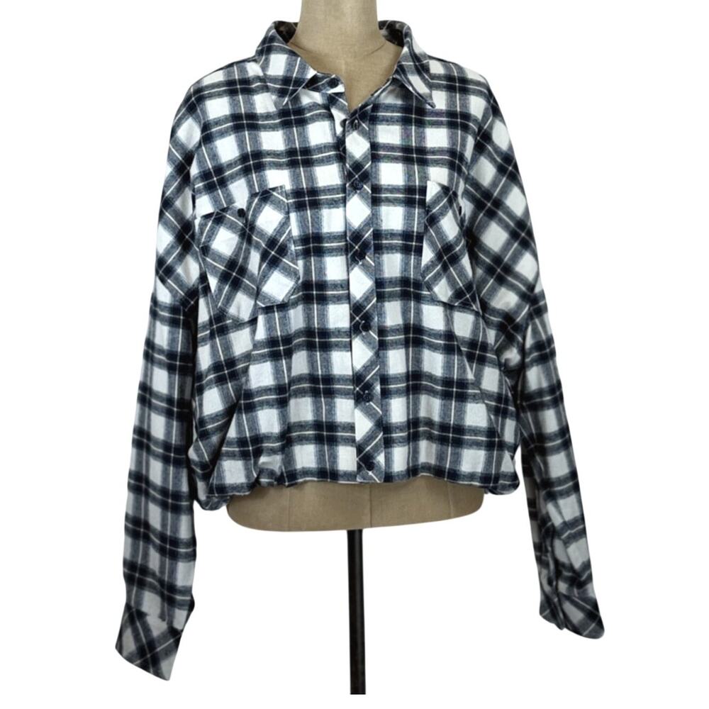 NWT Dear John Blue Cream Plaid Oversized Cropped Pocket Button Up Jacket XS